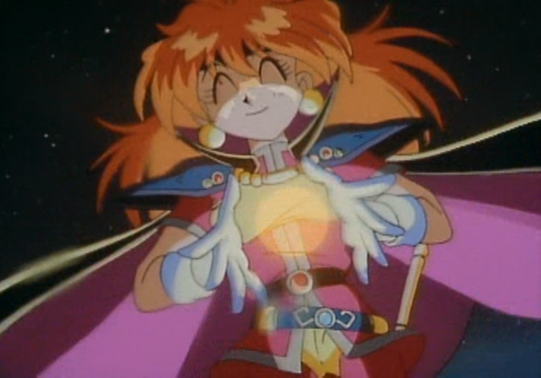 lina inverse, l'héroine de slayers, une jeune sorcière avec une longue cape est sur le point de lancer un dragon slayers. Juste parce que quelqu'un a dit un truc qui lui a pas plu.
