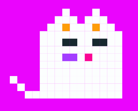 un chat pixélisé à l'air très mignon comme ça. mais c'est un démon! ça c'est un vrai héros de geek romance