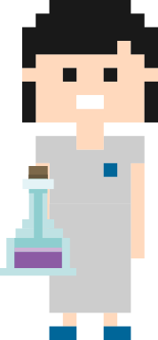 Jessica avec sa blouse et sa fiole de chimiste à la main mais toute pixélisée ! c'est ça une héro¨ne de geek romance ! 