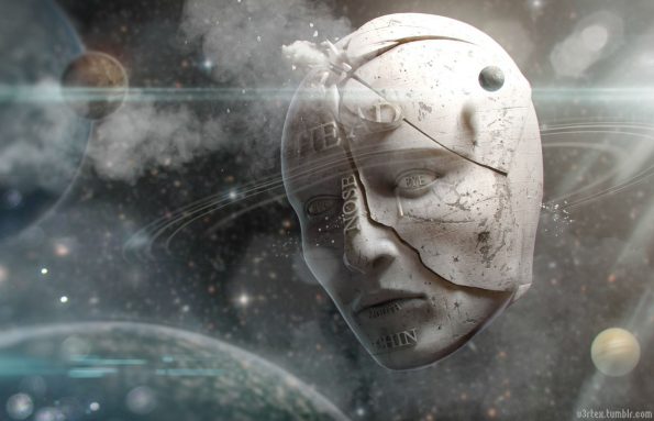 sculpture dans l'espace d'un visage humain avec écrit dessus nez, tête, menton et yeux