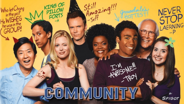 tous les personnages en mode benetton de Community la meilleure série geek de tous les temps.
