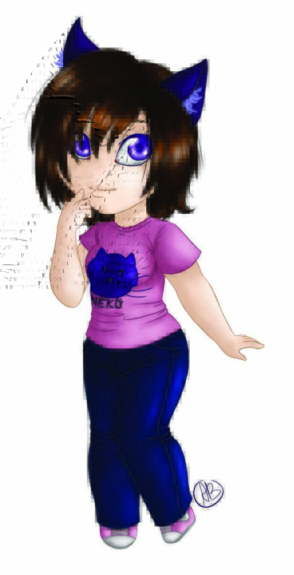 une fille en manga avec des oreilles de chat et des yeux de la couleur des violettes