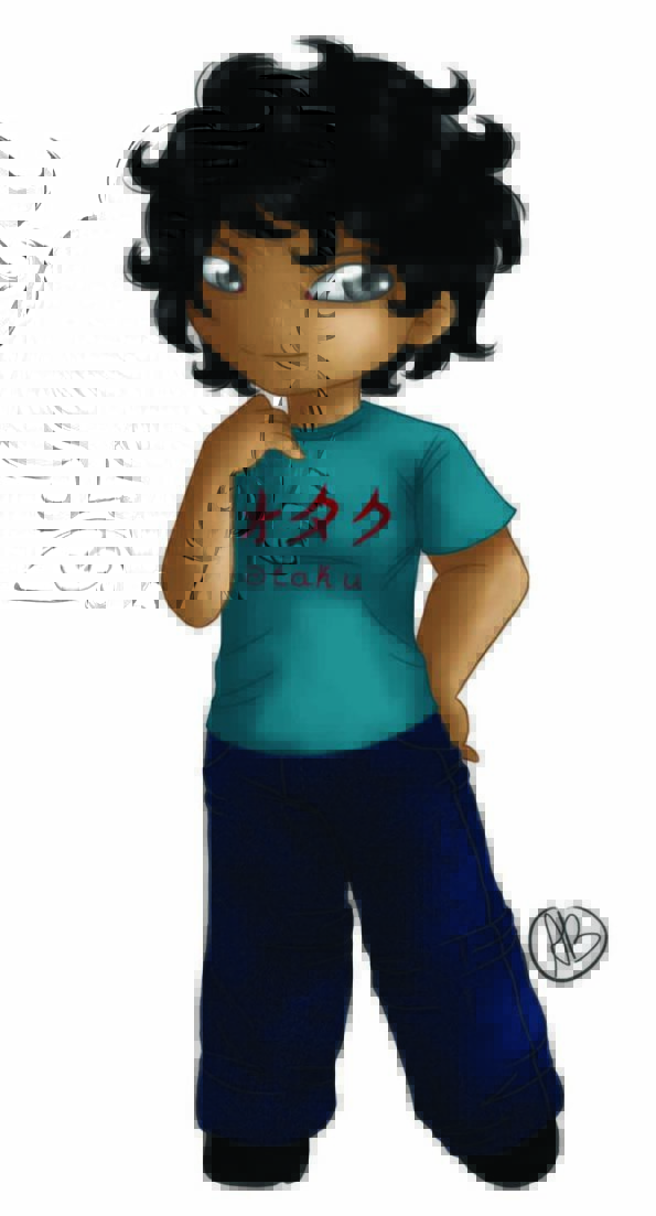 un métis en manga avec les yeux couleur d'argent et un tee-shirt avec écrit «otaku»